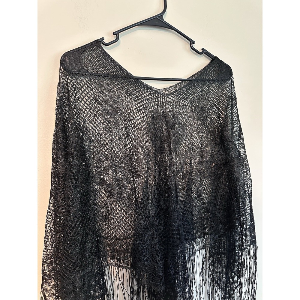 Black Lace Fringe Kimono Cover Up ONE SIZE Boho Sheer Floral Poncho Shawl Top - Picture 3 of 16